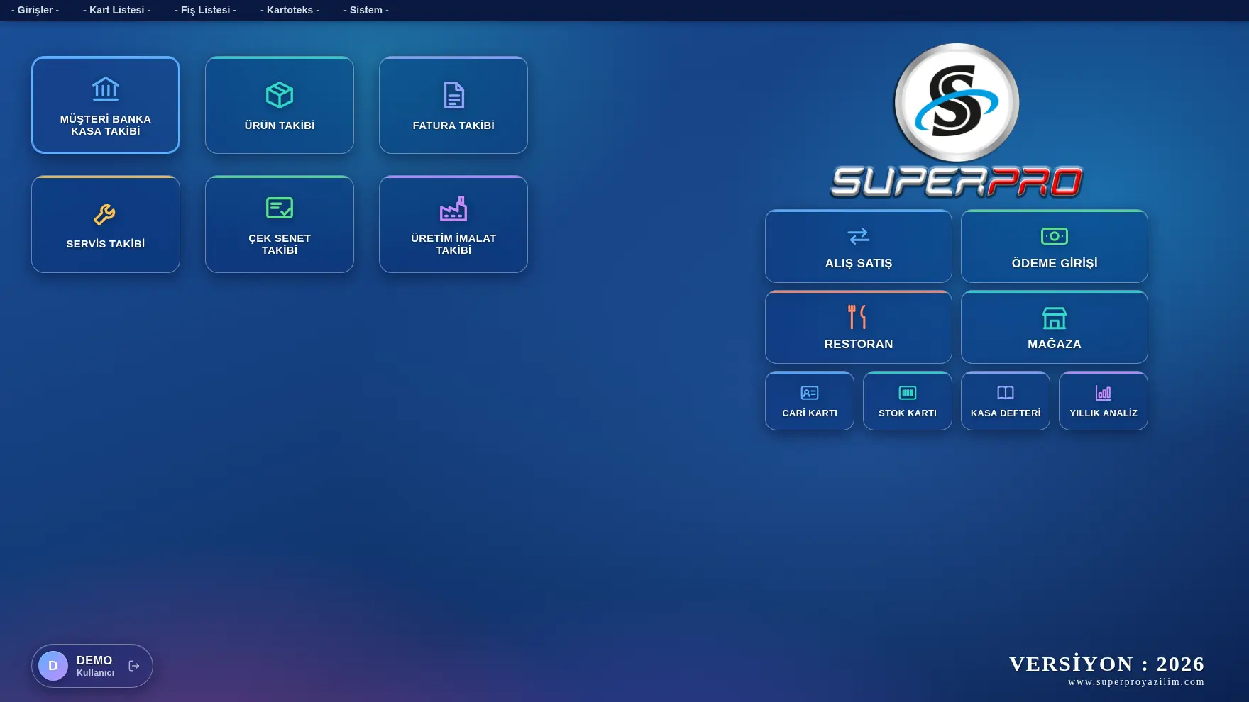 SuperPRO 2026 ana ekranı ve modül kısayolları
