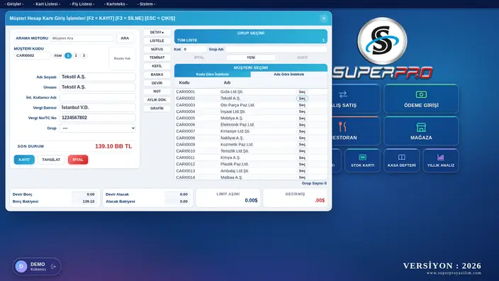 SuperPRO web uygulaması — Cari hesap kartı