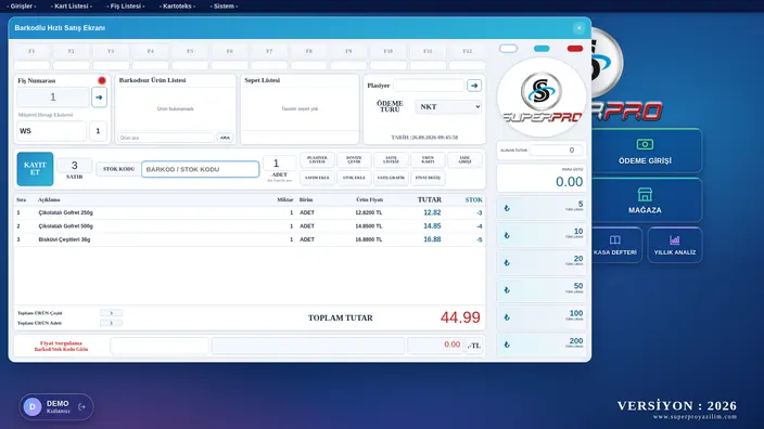 SuperPRO web uygulaması — Barkodlu hızlı satış