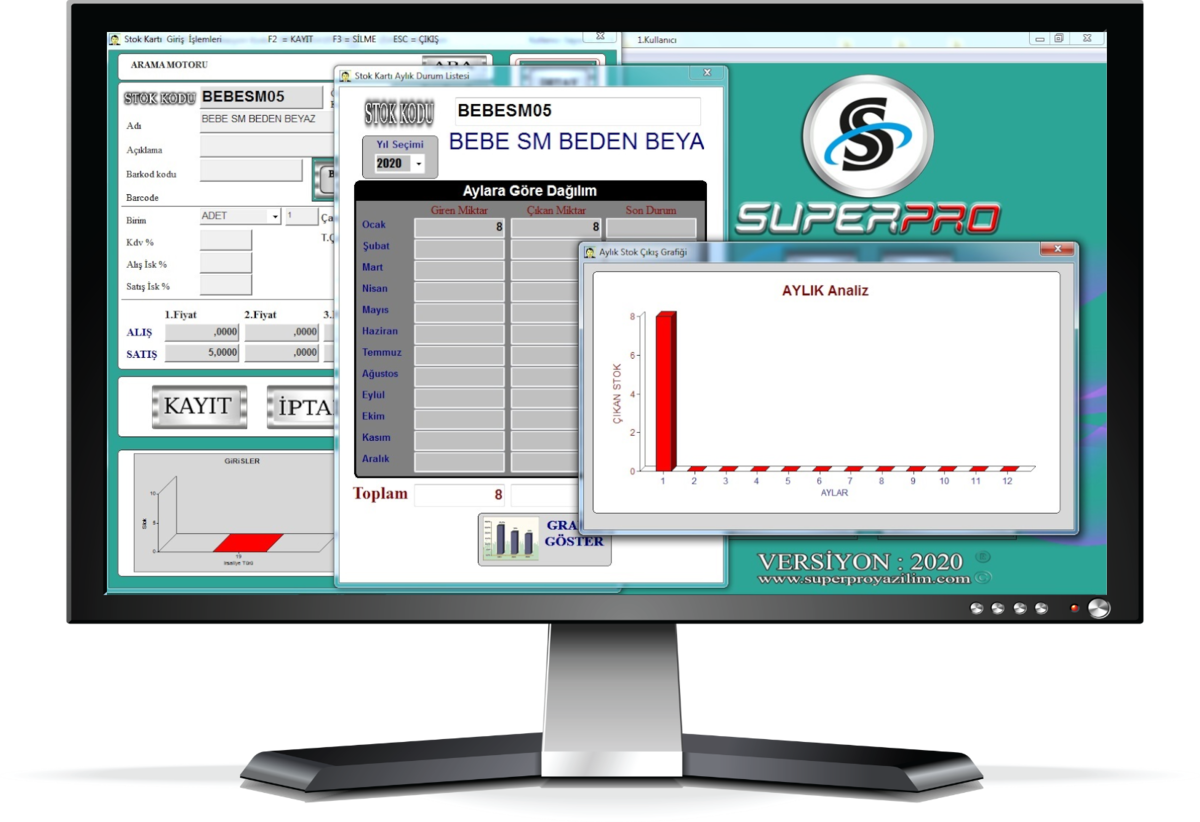SuperPRO ticari yazılımının satış ve stok ekranı bir monitörde